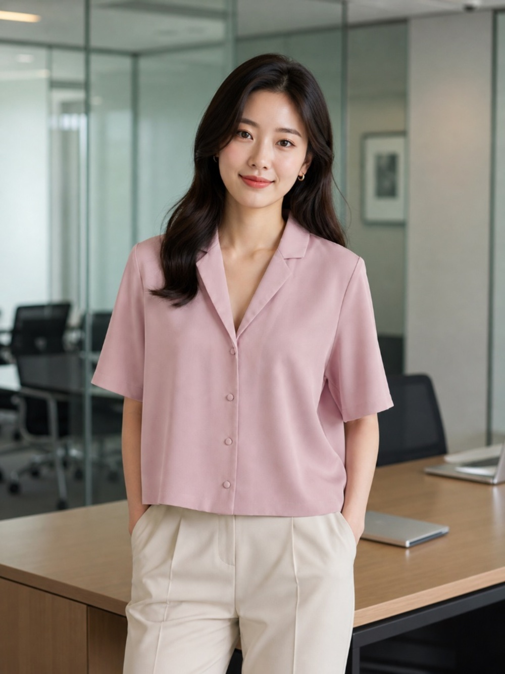 RW&CO pink blouse L button down boxy short sleeves corporate girlie office work